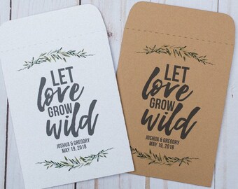 May include: Two white and brown paper envelopes with a leafy design and the text "Let love grow wild" with the names Joshua & Gregory and the date May 19, 2018.