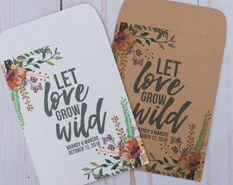 May include: Two seed packet favors, one white and one brown, with floral designs and the text "Let Love Grow Wild." The packets include the names "Brandy & Marcos" and the date "October 12, 2018."
