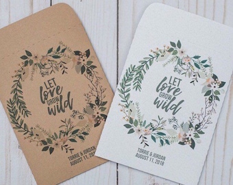 May include: Two brown paper envelopes with a floral design and the text "Let love grow wild". The envelopes are for a wedding and include the names Torrie & Jordan and the date August 11, 2018.