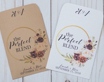 Wedding Favors Coffee Tea Packets Seed Packets The Perfect Blend Gold Hoop Geometric Marsala Maroon Personalized Envelope Kraft Rustic