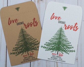May include: Save the date card with a green tree design and the text "love grows roots" in red. The card includes the names "Hope & Mikael" and the date "December 1, 2018".
