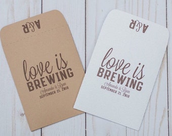 Wedding Favors Coffee Tea Packets Seed Packets Love is Brewing Simple Classic Personalized Envelope Kraft Rustic