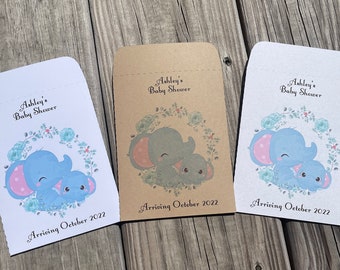 Baby Shower Favor Seed Packets Baby Animal Collection - Elephant Mom & Baby w/Blue Flowers