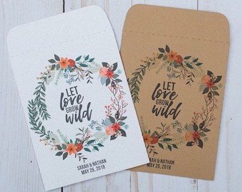 May include: Two kraft paper envelopes with a floral wreath design and the text "Let love grow wild". The envelopes are for a wedding and include the names "Sarah & Nathan" and the date "May 26, 2018".