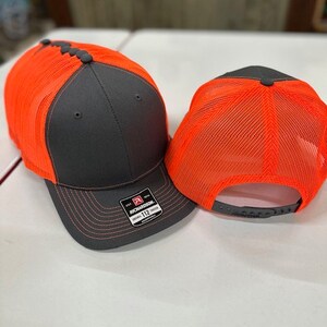 Custom embroidered Richardson 112 trucker cap with your logo, neon orange, Richardson, trucker, 112