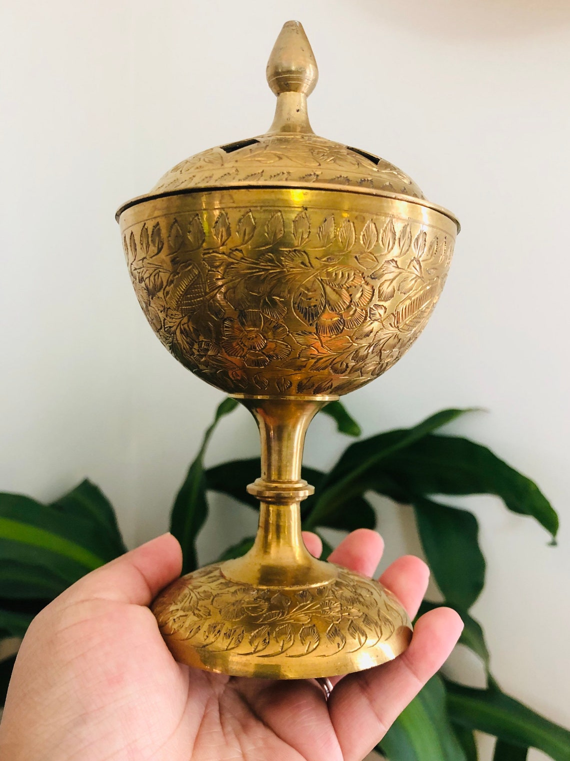 Antique Brass Incense Chalice with Lid Hand Etched | Etsy