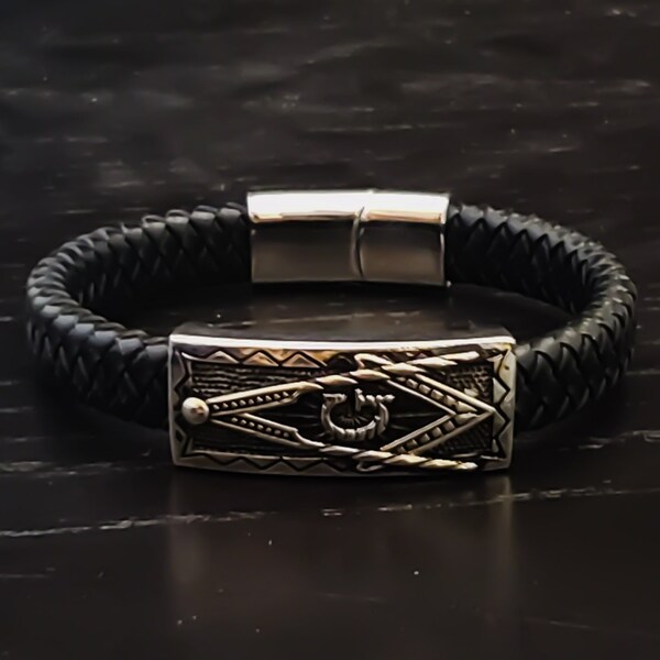 Masonic Leather & Steel Faced Bracelet