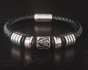 The Craftsman’s Band – Masonic Leather & Stainless Steel Bracelet