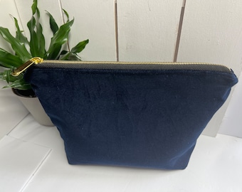 Navy Blue Velvet Gold Metal Zipper Cosmetic Storage Bag, Navy Makeup Case, Unique Toiletries Tote, Bridesmaid Gift, Floral and Gold Lining