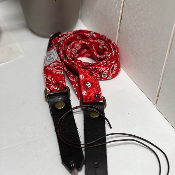 Hibiscus Floral Fabric Mandolin Strap with Leather Ends