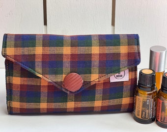 Navy Plaid Essential Oil Wallet, Roller bottle Pouch, Travel bag, Insert for Purse, Holder, Reusable Washable Case, Button Snap