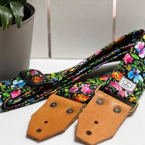 Floral Fabric Guitar Strap with Leather Ends