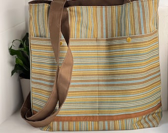 Khaki & Brown Striped Knitting/Crocheting Project Shoulder Bag/ Handwork Travel Tote