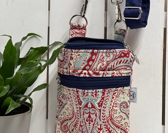 Navy/Red Crossbody Cell Phone Bag, Lightweight Travel Phone Wallet Purse, Fashionable Mini Handbag, Silver Hardware, Great Gift Idea