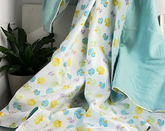 Ducky Aqua Flannel Receiving Blanket with Burp Clothes, Baby Gift, Large 40x43inch, Baby Shower Present, New Arrival Gift, Handmade Legacy