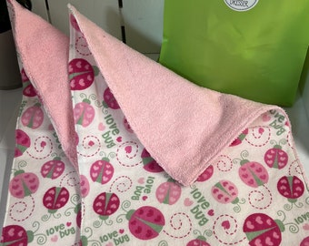 Baby Lady Bird Burp Cloths, Set of 2 Pink Terrycloth/Soft Flannel Ducky Burp Rags, Handmade Gift Set, Absorbent