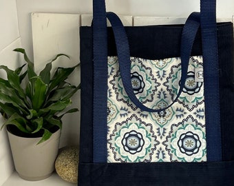 Navy Blue Corduroy Tote/Front & Back Pocket/ Shoulder Bag/ Gift Present/ Two Interior Pockets/ Cord / Floral Book Bag/ Super Cute Tote