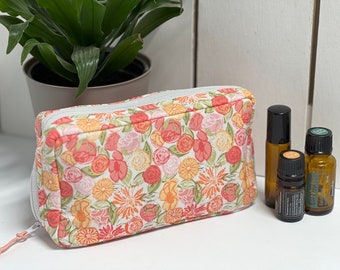 Coral Floral Essential Oil Bag, Storage Travel Case, Small Bag Holds 10 Oils Tote, Oil Carry Case, Washable Reusable Sturdy Handmade