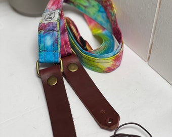 The-Dye Rainbow Fabric Mandolin Strap with Leather Ends