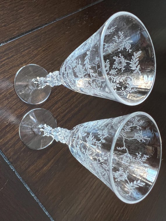 Vintage Pair of Fostoria Chintz Cordial Glasses- Stem #6026, Etch
