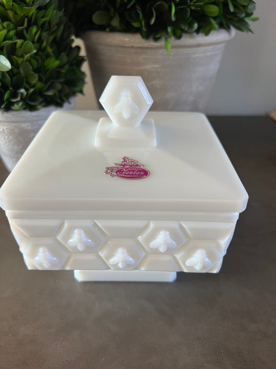 Rare Vintage Fenton Bee Box Milk Glass Candy Dish With Lid Etsy
