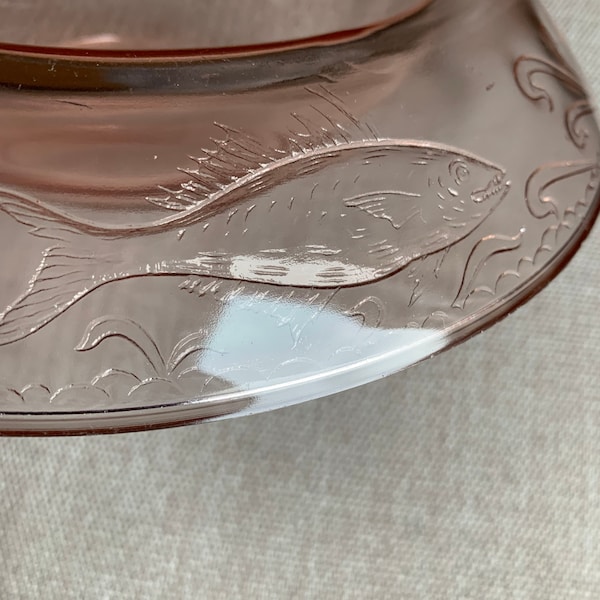 Rare Pink Depression Rolled Edge Console Bowl with Fish Scene