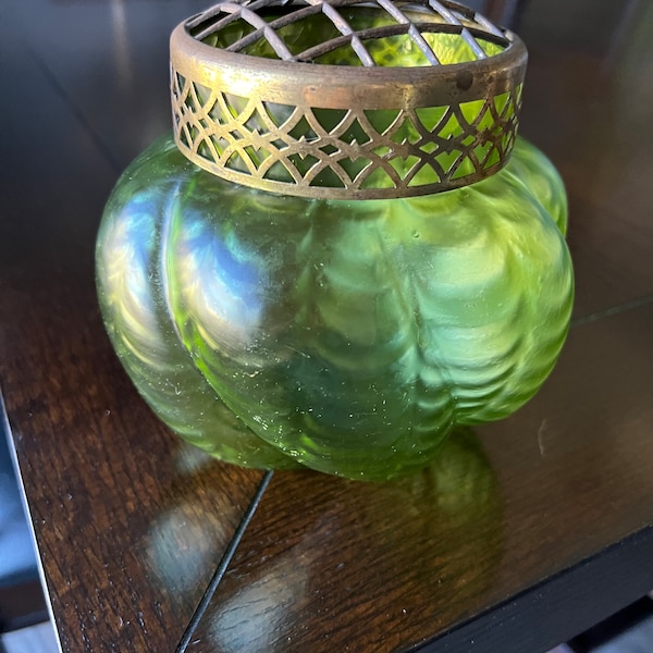 Large Antique Kralik Bohemian Czech Art Nouveau Iridescent Green Draped or Festooned Glass Vase with Flower Frog- Circa 1900