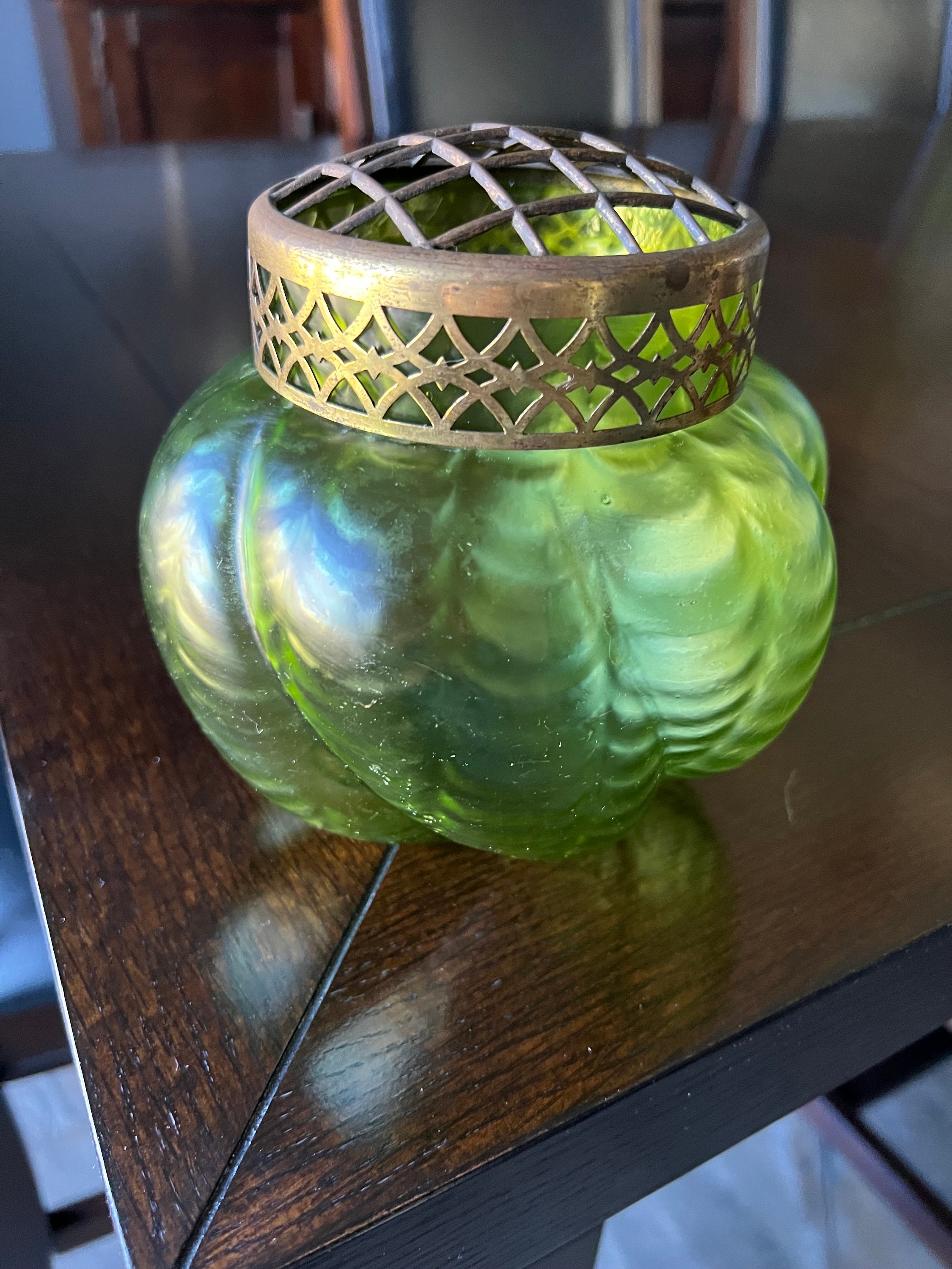 Large Antique Kralik Bohemian Czech Art Nouveau Iridescent Green