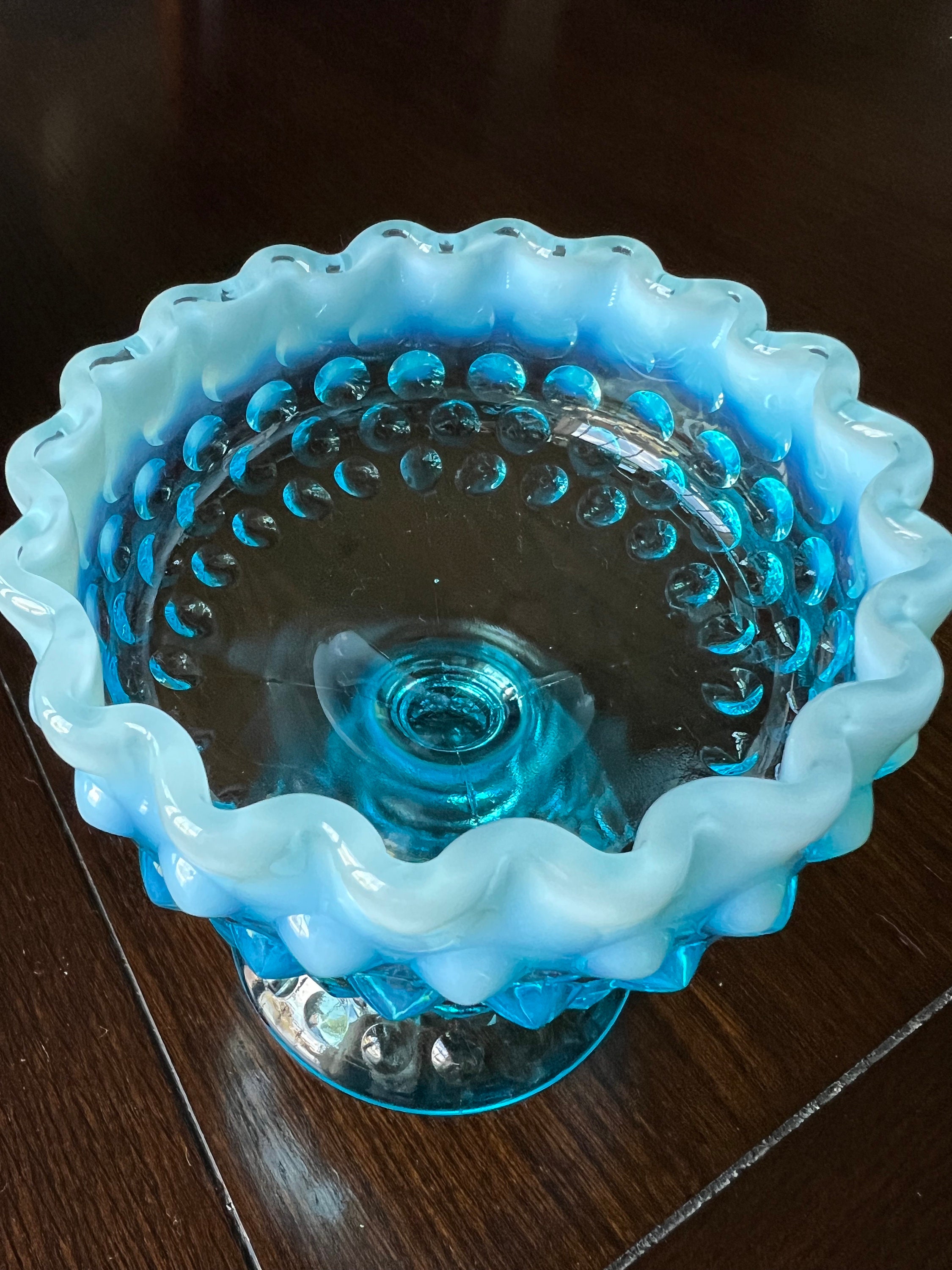 Vintage Fenton Blue Opalescent Hobnail Footed Candy Dish/comport