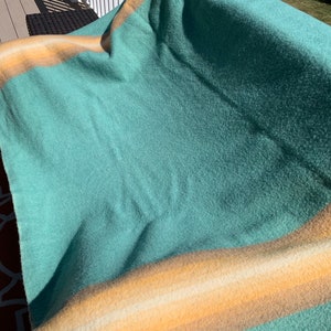 May include: A teal blue blanket with two horizontal stripes of beige and white.