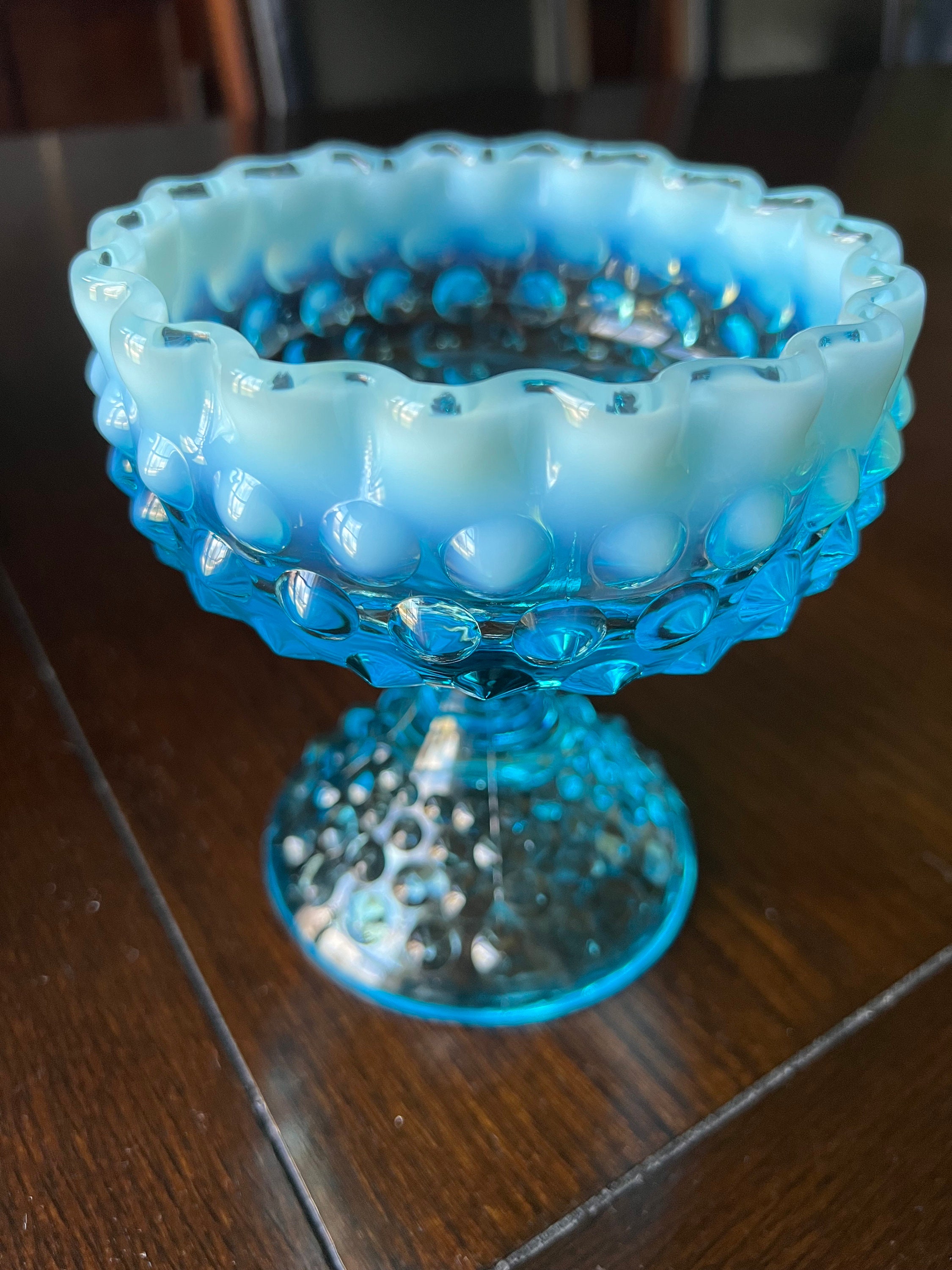 Vintage Fenton Blue Opalescent Hobnail Footed Candy Dish/comport