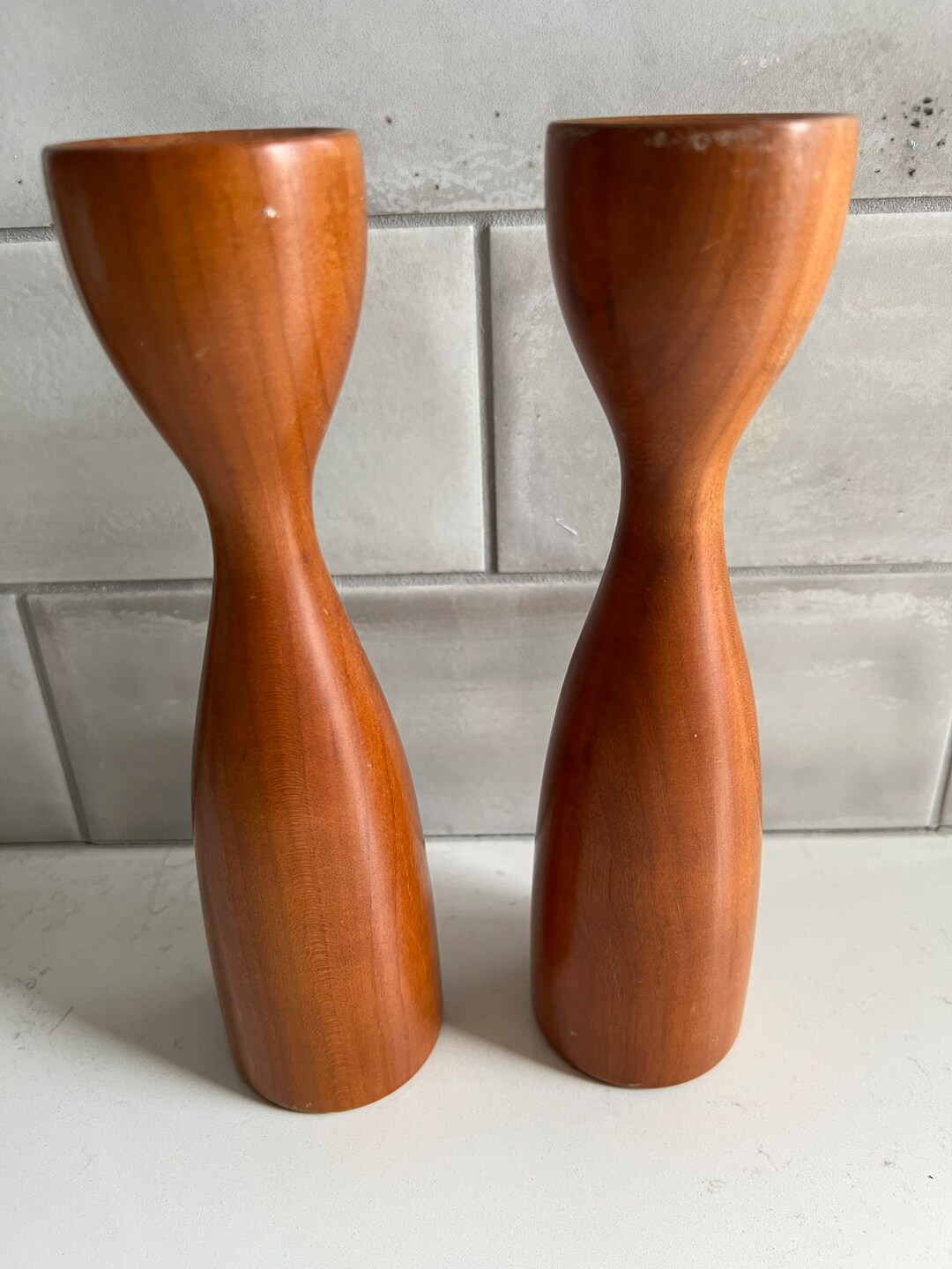 Vintage Pair of Mid Century Danish Modern Turned Teak Wood Tulip Shaped ...