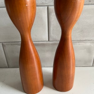 Vintage Pair of Mid Century Danish Modern Turned Teak Wood Tulip Shaped Candle Holders