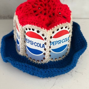Vintage 1970's Pepsi Cola Crochet Red White Blue Handmade Bucket