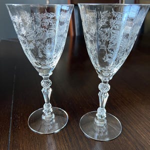 Vintage Pair of Fostoria Chintz Water Goblets, Wine Glasses- Stem #6026, Etch#338 Circa 1940-1973