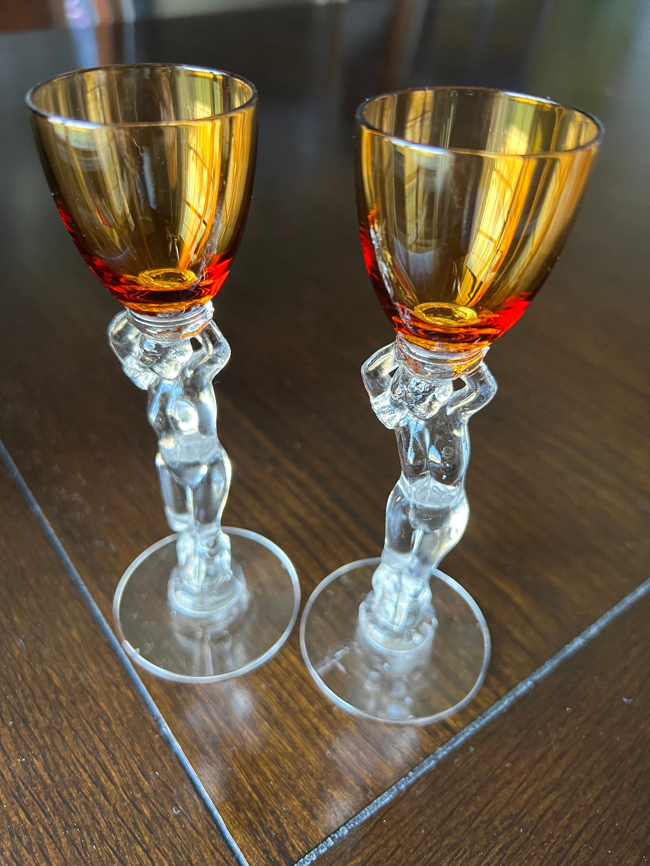 Set of Two Vintage Cambridge Art Deco Nude Amber Brandy, Cordials