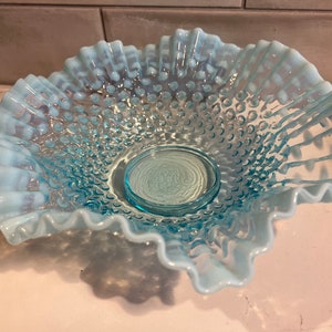 Vintage Fenton Blue Opalescent Hobnail 11" Footed Double Crimped Bowl # 3923