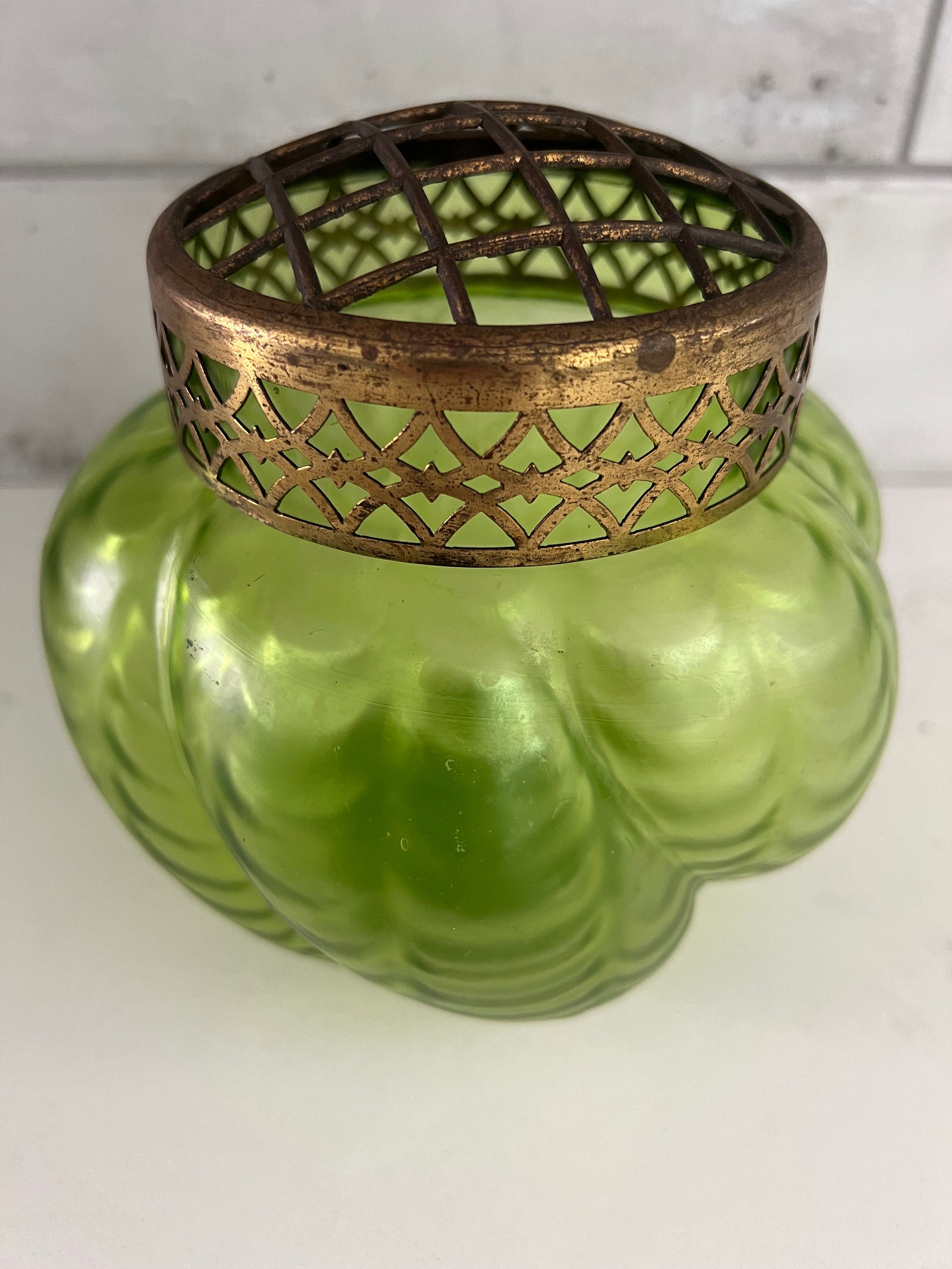Large Antique Kralik Bohemian Czech Art Nouveau Iridescent Green