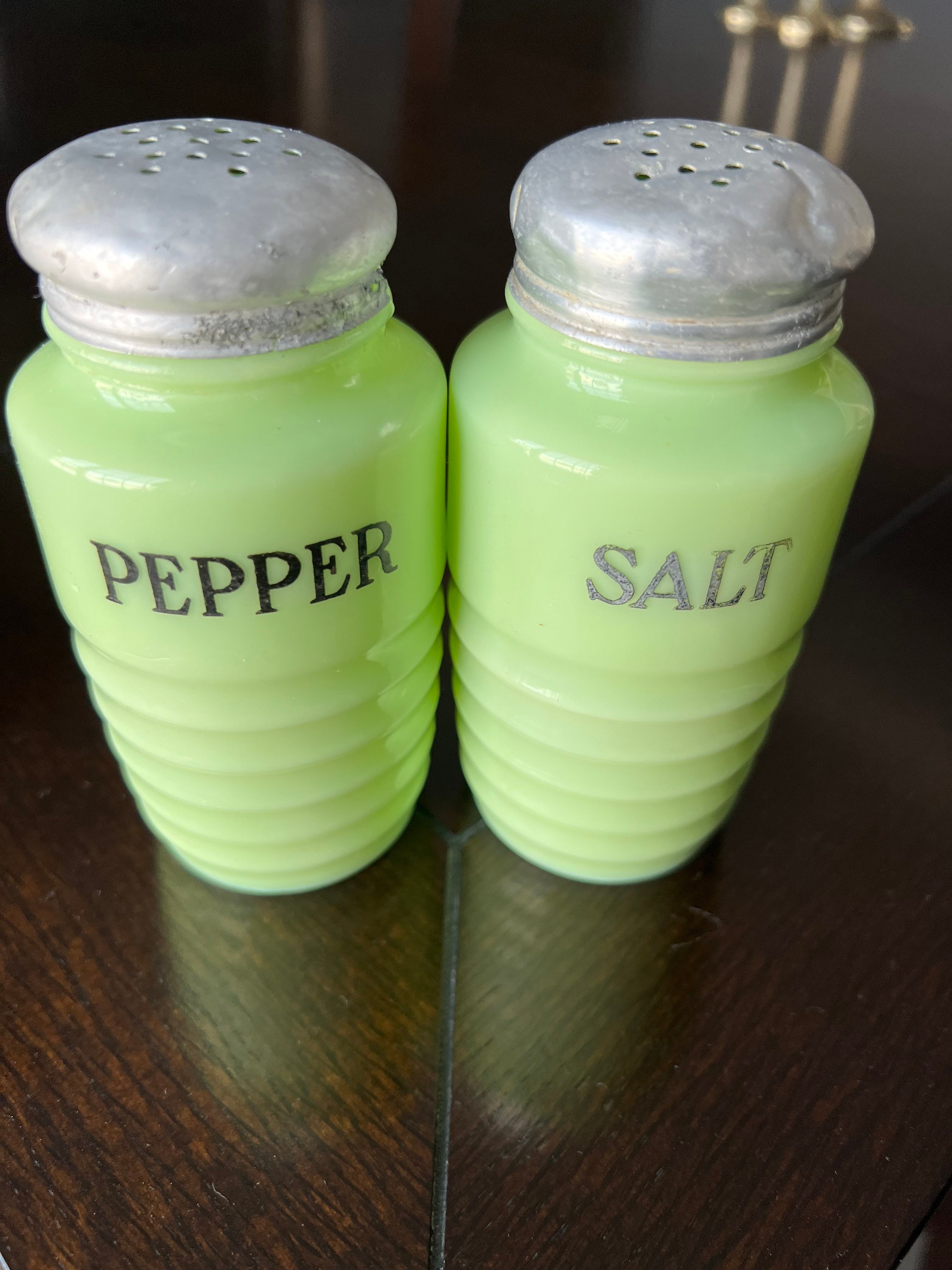Vintage Jeannette Jadeite Glass Ribbed Range Shakers, Salt and