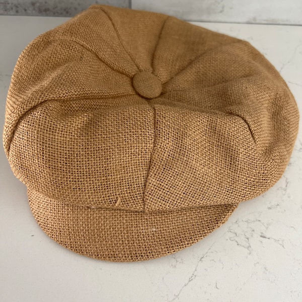 Vintage Original 1970's Natural Burlap Newsboy Cap, Boho Cabbie Hat- Original Tag