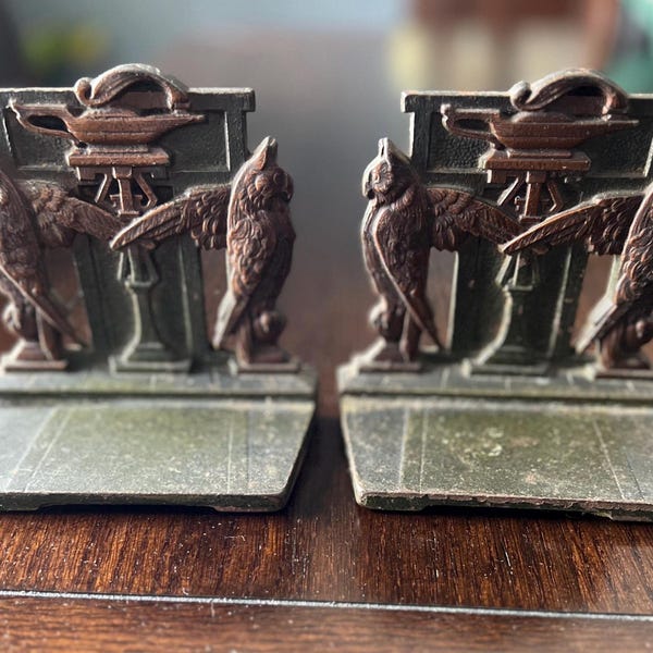 Rare Antique Judd "Lamp of Knowledge" Cast Iron Bookends #9886, Egyptian Revival, Owls- Circa 1926