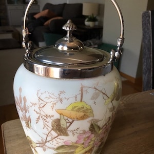 Antique C.F. Monroe Wave Crest Hand Painted Glass Biscuit Cracker Jar
