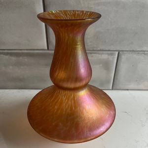 Antique Kralik Bohemian Czech Art Nouveau Iridescent Peach Oil Spot Glass Vase- Circa 1900