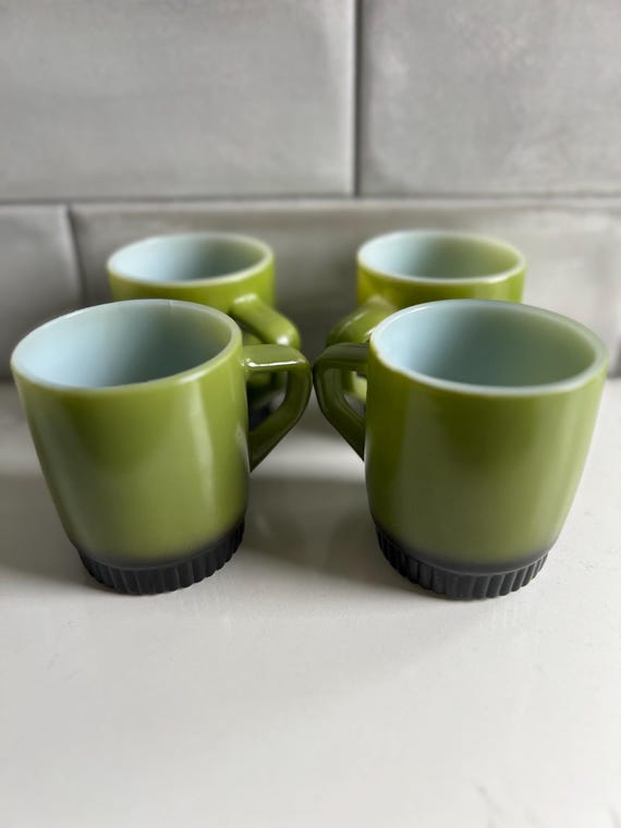 Vintage Fire King Anchor Hocking Avocado Green, D Handle, Ribbed