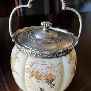 Victorian Antique Mt. Washington Crown Milano Glass Enameled Biscuit, Cracker Jar, Melon Ribbed- Circa 1890&#39;s
