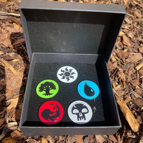 MTG Pin Set Magic the Gathering Enamel Pin Brooch Gift Box - 5 Mana Land Color Pins to the Set