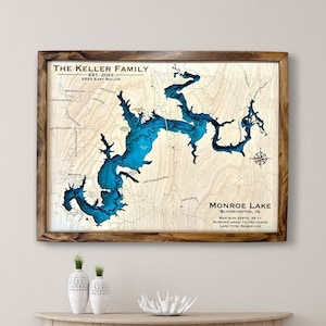 Lago Monroe, mappa in legno personalizzata, mappa di profondità, mappa in legno, regalo, arte, decorazioni per case sul lago, cartello, mappa del lago personalizzata, mappa del lago della baita, arte per case sul lago