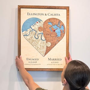 Personalized Two Location Heart Map: 5th Anniversary Wood Gift custom city map