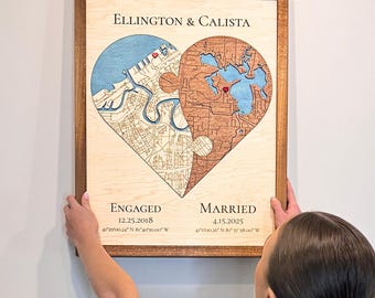 Personalized Two Location Heart Map: 5th Anniversary Wood Gift custom city map