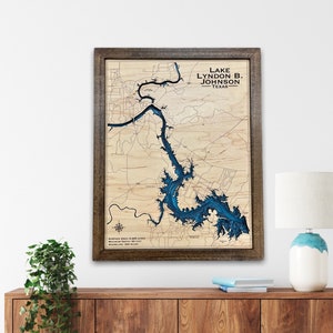 Lago Lyndon b Johnson, mappa in legno personalizzata, arredamento per case sul lago, mappa del lago, mappa del lago in legno, mappa del lago personalizzata, mappa della profondità, baita